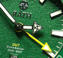 Close-up of RÁTH Droma GMT dial with triquetra hour hand